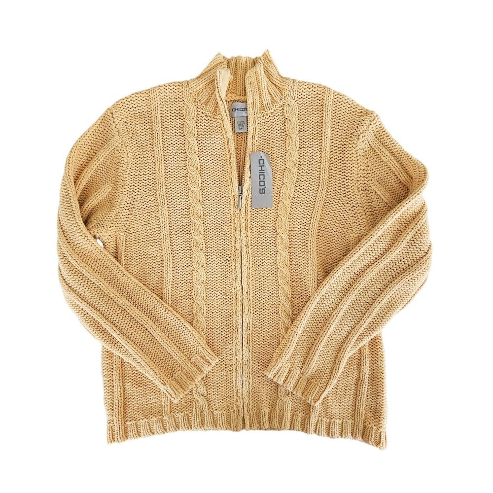 Chico's Chunky Cable Knit Cardigan Full Zip Butter Yellow Size 3 XL NEW classic